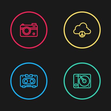 Retro ses kaseti, vinil çalar, barış bulutu ve fotoğraf makinesi simgesini ayarla. Vektör