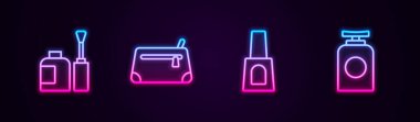Bir şişe tırnak cilası, kozmetik çanta ve tüp el kremi. Parlayan neon ikonu. Vektör