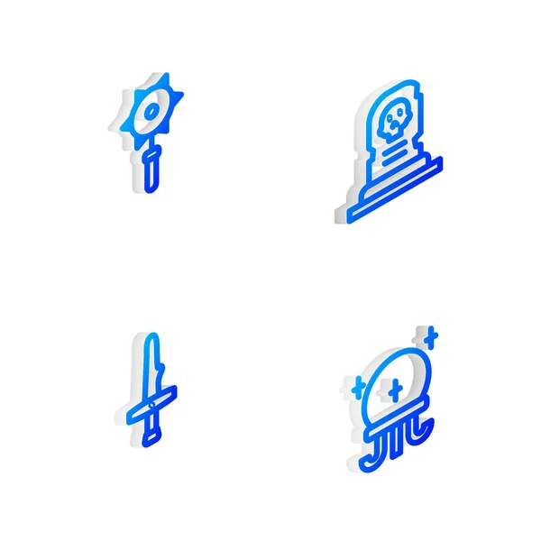 Set Isometrische Lijn Graf Met Grafsteen Middeleeuwse Geketende Knotsbal Dolk — Stockvector