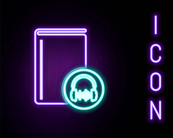 Gloeiende neon lijn Audio book icoon geïsoleerd op zwarte achtergrond. Boek met koptelefoon. Geluidsgeleidingsbord. Online leerconcept. Kleurrijk concept. Vector — Stockfoto