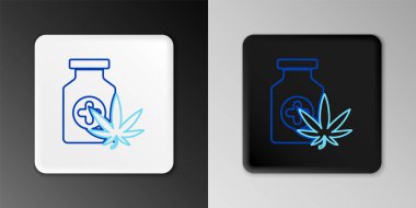 Gri arka planda marihuana ya da kenevir yaprağı ikonu bulunan çizgi tıbbi şişesi. Kavanozlardaki kenevir yağı özlerini taklit et. Renkli taslak konsepti. Vektör