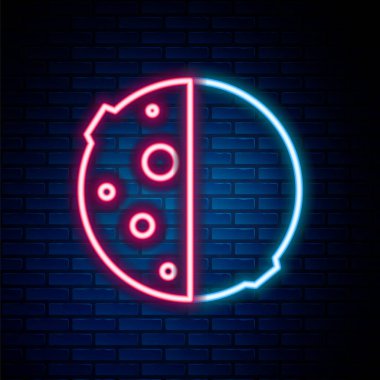 Parlayan neon hattı güneş tutulması ikonu tuğla duvar arka planında izole edildi. Tam sonar tutulması. Renkli taslak konsepti. Vektör