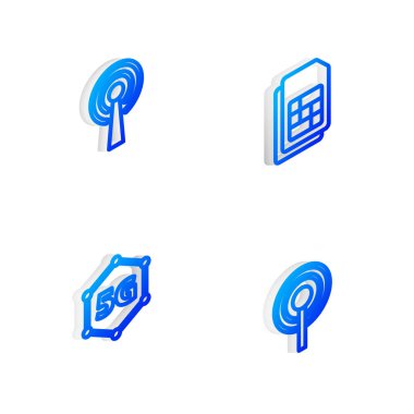 Isometric satırı Sim kartını, Anteni, 5G ağını ve simgeyi ayarla. Vektör