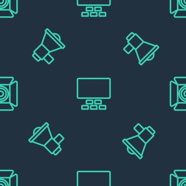 Koltuklu sinema salonu, megafon ve film spot ışıklarını kusursuz desenlere ayarlayın. Vektör