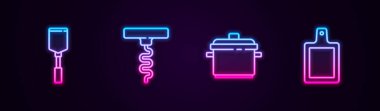 Spatula, şarap tirbuşonu, tencere ve kesme tahtası. Parlayan neon ikonu. Vektör