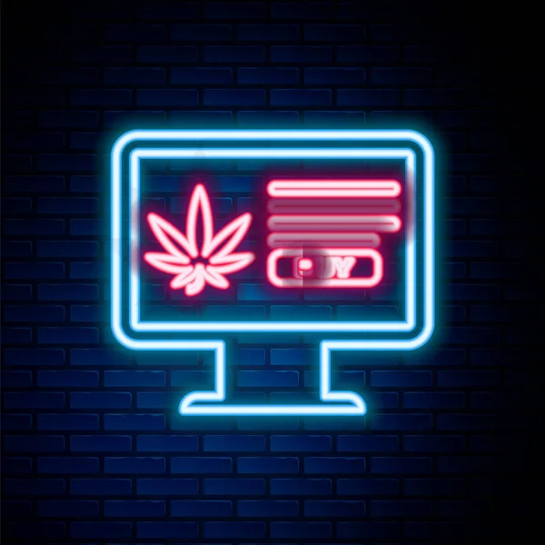 Gloeiende neon lijn Computer monitor en medicinale marihuana of cannabis blad icoon geïsoleerd op baksteen muur achtergrond. Online kopen symbool. Supermarktmandje. Kleurrijk concept. Vector — Stockvector