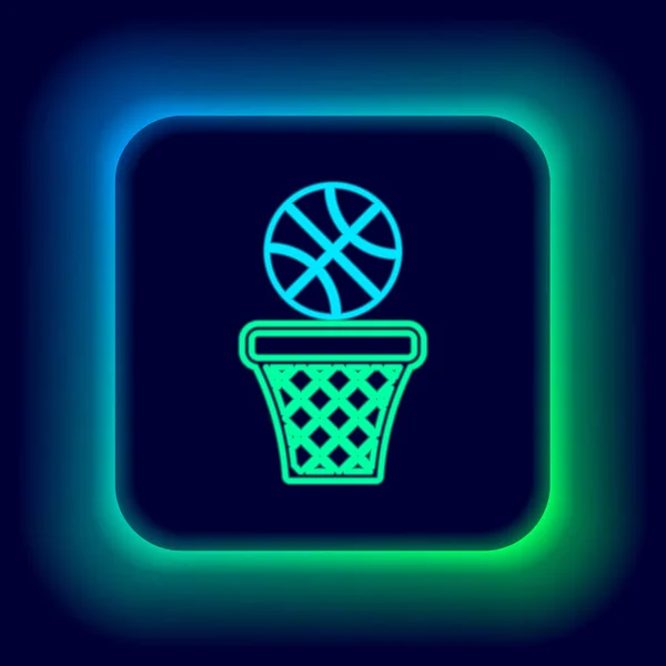 Brillante línea de neón Baloncesto sobre el icono del podio ganador de deportes aislado sobre fondo negro. Concepto de esquema colorido. Vector — Vector de stock