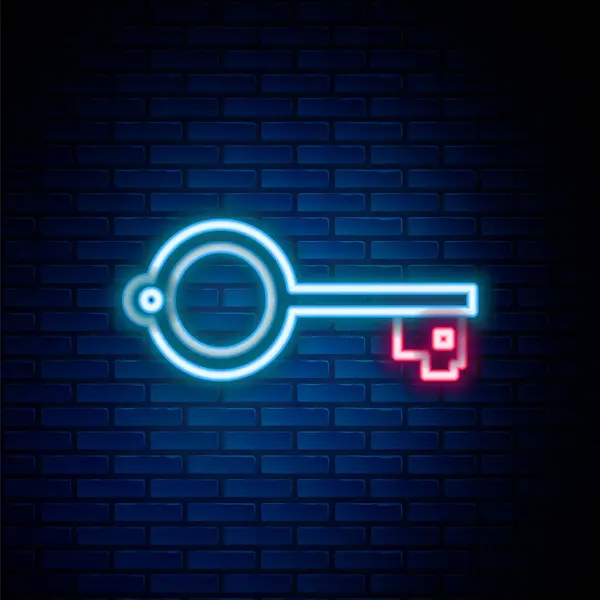 Gloeiende neon lijn Oude sleutel voor spel pictogram geïsoleerd op baksteen muur achtergrond. Kleurrijk concept. Vector — Stockvector