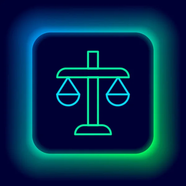 Glowing neon line Scales of justice icon isolated on black background. Court of law symbol. Balance scale sign. Colorful outline concept. Vector — Stock Vector
