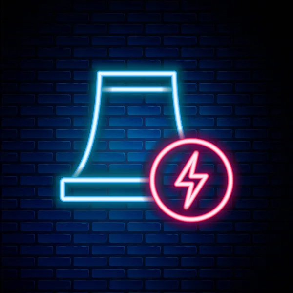 Świecąca neonowa ikona elektrowni jądrowej odizolowana na tle ceglanej ściany. Koncepcja energetyczna. Kolorowy koncept. Wektor — Wektor stockowy