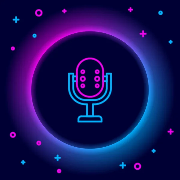 Glowing neon line Microphone icon isolated on black background. On air radio mic microphone. Speaker sign. Colorful outline concept. Vector — Stock Vector