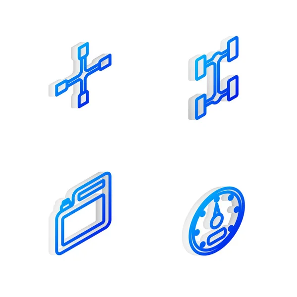 Set Isometrische Linie Chassis Auto, Radschlüssel, Kanister für Motoröl und Tacho-Symbol. Vektor — Stockvektor