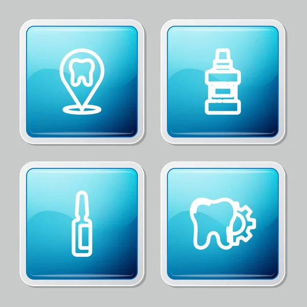 Set line Lugar de la clínica dental, Enjuague bucal botella, píldora analgésica y el icono del procedimiento de tratamiento dental. Vector — Vector de stock