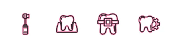 Ställ linje Tandborste, tänder med hängslen, och behandling förfarande ikon. Vektor — Stock vektor