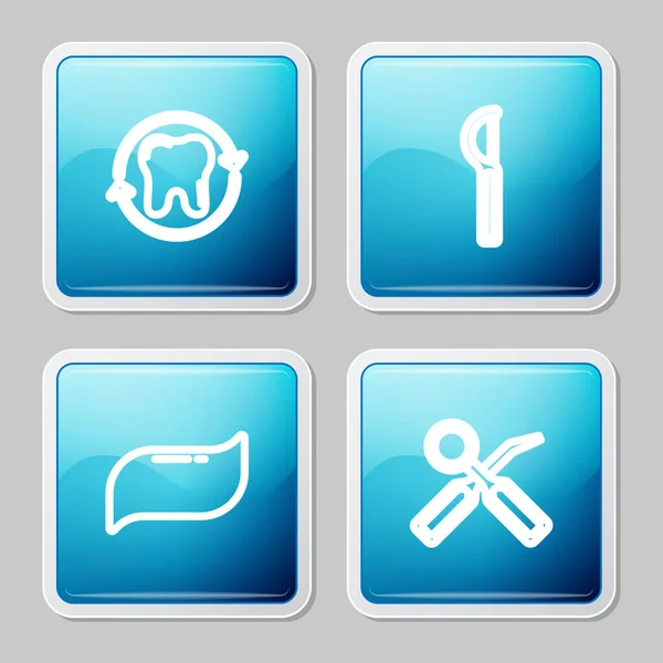 Set line Blanqueamiento dental, hilo dental, pasta de dientes y espejo de inspección icono. Vector — Vector de stock
