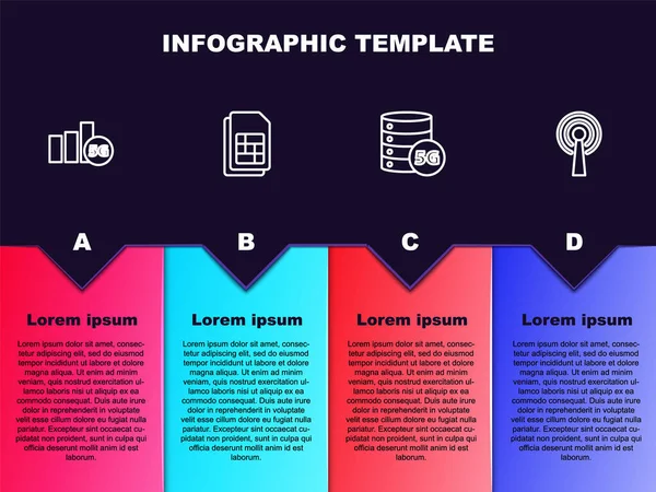 Stel lijn 5G netwerk, simkaart, server en antenne in. Bedrijfsinfographic sjabloon. Vector — Stockvector