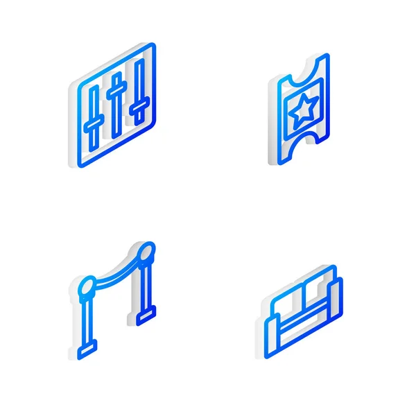 Állítsa be az izometrikus vonal Cinema jegy, Hangkeverő vezérlő, Kötél akadály és szék ikon. Vektor — Stock Vector