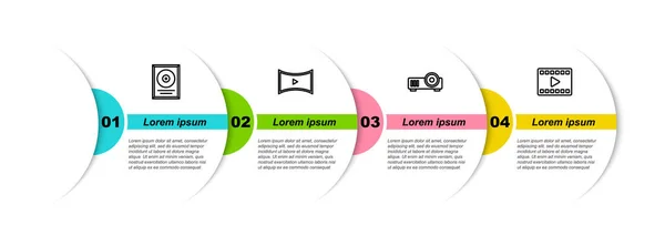 Establecer premio de línea de disco de CD en el marco, Reproducir vídeo en línea, Proyector de medios y Reproducir vídeo. Plantilla de infografía empresarial. Vector — Vector de stock