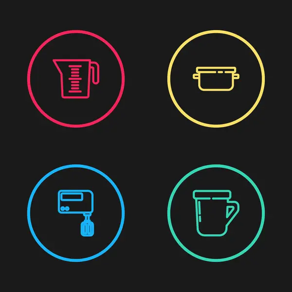 Set line Mezclador eléctrico, taza de café, olla de cocción e icono de medición. Vector — Archivo Imágenes Vectoriales