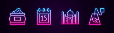 Hint baharatı, bağımsızlık günü, Taj Mahal ve çay poşeti. Parlayan neon ikonu. Vektör