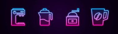 Set hattı kahve makinesi, Fransız presi, el yapımı kahve öğütücüsü ve bardak. Parlayan neon ikonu. Vektör
