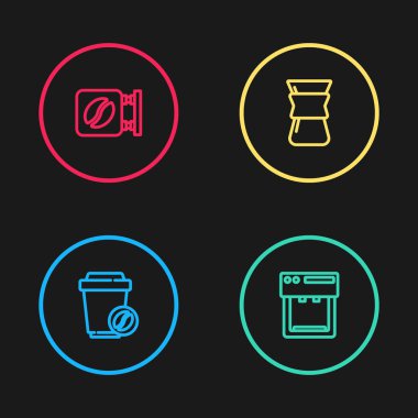 Kahve fincanını, kahve makinesini, kahve makinesini ve tabela simgesini üzerine dökmeye ayarlayın. Vektör