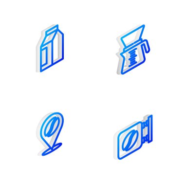 Isometric hattını kahve makinesinin üzerine dök, fasulye torbası, lokasyon ve tabela simgesi ile birlikte. Vektör