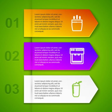 Sıra kahve fincanı, makine, milkshake ve... Ticari bilgi şablonu. Vektör