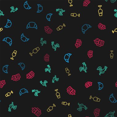 Kruvasan, Fransız horozu, şarap kadehi ve pürüzsüz desen üzerine baskı uygula. Vektör