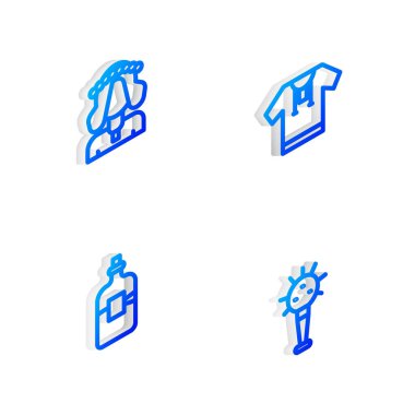 Isometric Line işlemeli gömlek, Ukraynalı kadın, bir şişe votka ve biber gazı ikonu. Vektör