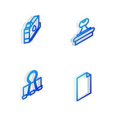 Isometric satır Pulunu, Yazıcı mürekkep kartuşunu, cilt klipsini ve boş belge simgesini ayarla. Vektör