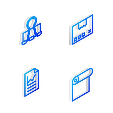 Isometric satır karton kutu, Binder atacı, grafik grafikli belge ve kağıt simgesini ayarlayın. Vektör
