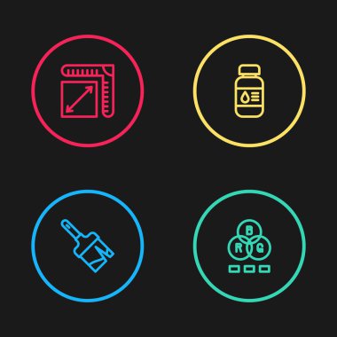 Çizgi fırçası, RGB renk karıştırma, yazıcı mürekkebi şişesi ve kağıt boyut simgesi. Vektör