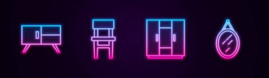Çekmeceler, Sandalyeler, Gardırop ve Ayna. Parlayan neon ikonu. Vektör