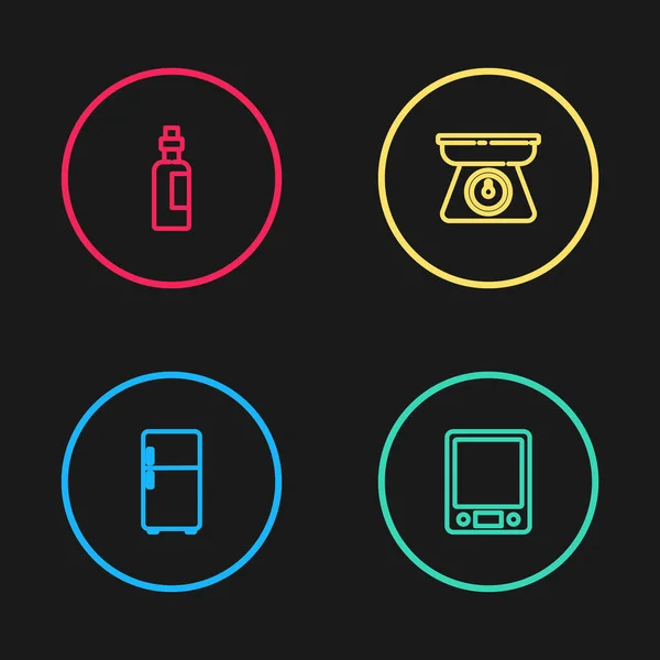 Σετ γραμμή Ψυγείο, Ηλεκτρονικές κλίμακες, Ζυγαριά και μπουκάλι με το εικονίδιο του ελαιολάδου. Διάνυσμα — Διανυσματικό Αρχείο
