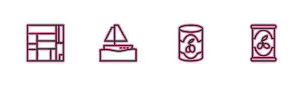 Set line House Edificio Mirador, Olives in can, Yacht sailboat and icon. Vector — Stock Vector