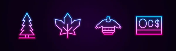 Linia kanadyjski świerk, liść klonu, świąteczny sweter i dolar. Świecąca neonowa ikona. Wektor — Wektor stockowy