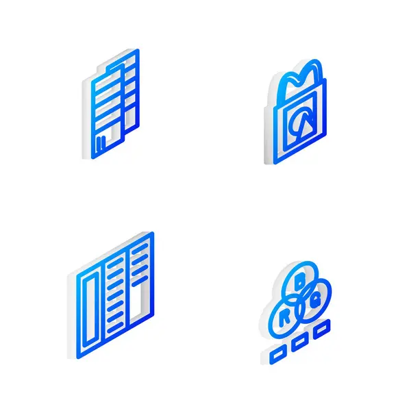 Set Isometric line Papír nákupní taška, Pantone, Brožura a RGB barevné míchání ikony. Vektor — Stockový vektor