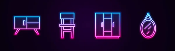 Ustaw linię Klatka piersiowa szuflady, Krzesło, Szafa i Lustro. Świecąca neonowa ikona. Wektor — Wektor stockowy