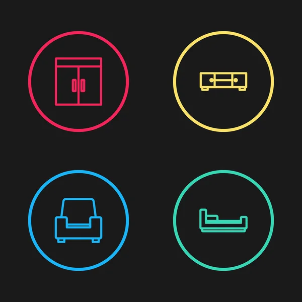 Set line Sillón, Cama, Pecho de cajones y Armario icono. Vector — Vector de stock