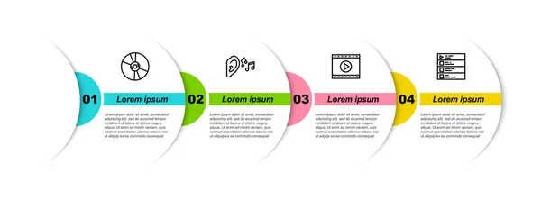 Nastavit řádek CD nebo DVD disk, Ucho poslouchat zvukový signál, Online přehrávání videa a hudební playlist. Obchodní infografická šablona. Vektor — Stockový vektor