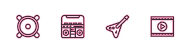 Set line Altoparlante stereo, basso elettrico, stereo domestico con altoparlanti e icona del video di riproduzione online. Vettore — Vettoriale Stock