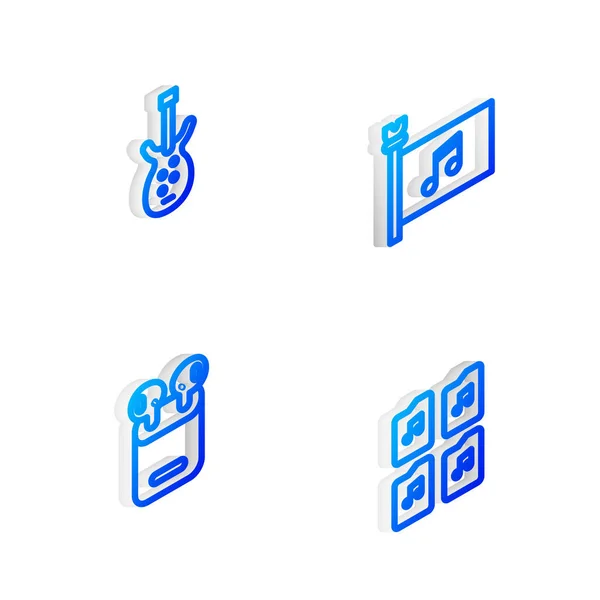 Stel Isometrische lijn Muziekfestival vlag, Elektrische basgitaar, Air hoofdtelefoon in doos en bestand document pictogram. Vector — Stockvector