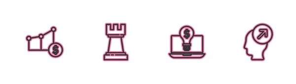 Set line Graphique à tarte et dollar, Ampoule avec ordinateur portable, icône de concept de chasse aux échecs et à la tête. Vecteur — Image vectorielle
