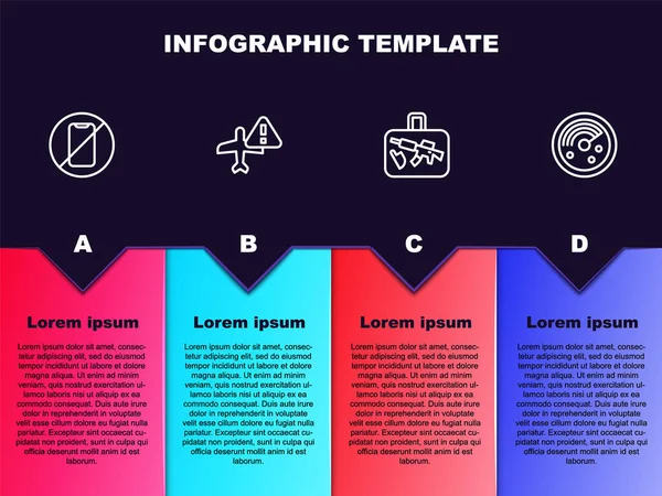 Imposta linea Nessun telefono cellulare, velivolo di avvertimento, valigia e radar con monitor di destinazione. Modello di infografica aziendale. Vettore — Foto Stock