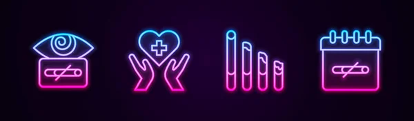 Set line Hypnosis, Heart with cross, Smoking cigarette and No smoking days. Glowing neon icon. Vector — Stock Photo, Image