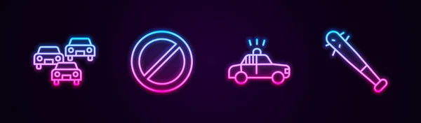 Verkeersopstopping, Ban, politieauto en flitser en honkbalknuppel met spijkers. Een gloeiend neon icoon. Vector — Stockvector