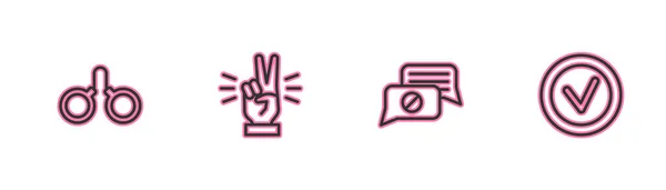 Nastavit čáru pouta, Řeč bublina chat, zobrazení dva prsty a Označit kulaté ikony. Vektor — Stockový vektor