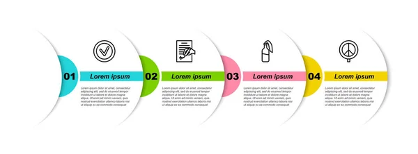 Définir la ligne Cocher la case en rond, Pétition, Cocktail molotov et Paix. Modèle d'infographie d'entreprise. Vecteur — Image vectorielle