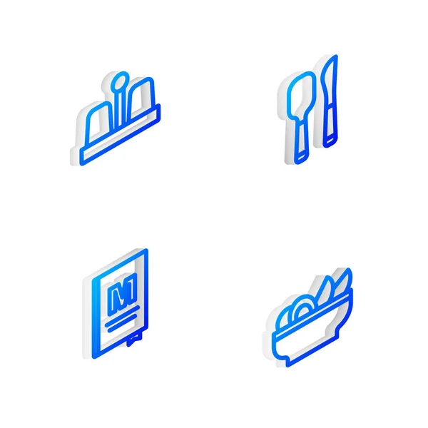 Set Isometric ligne Couteau et cuillère, Sel, Poivre, Restaurant menu café et Nachos dans l'icône de la plaque. Vecteur — Image vectorielle